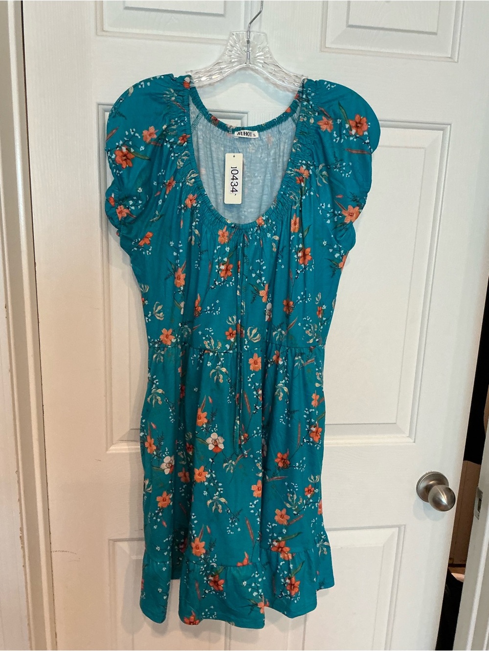 Teal Floral Puff-Sleeve Mini Dress